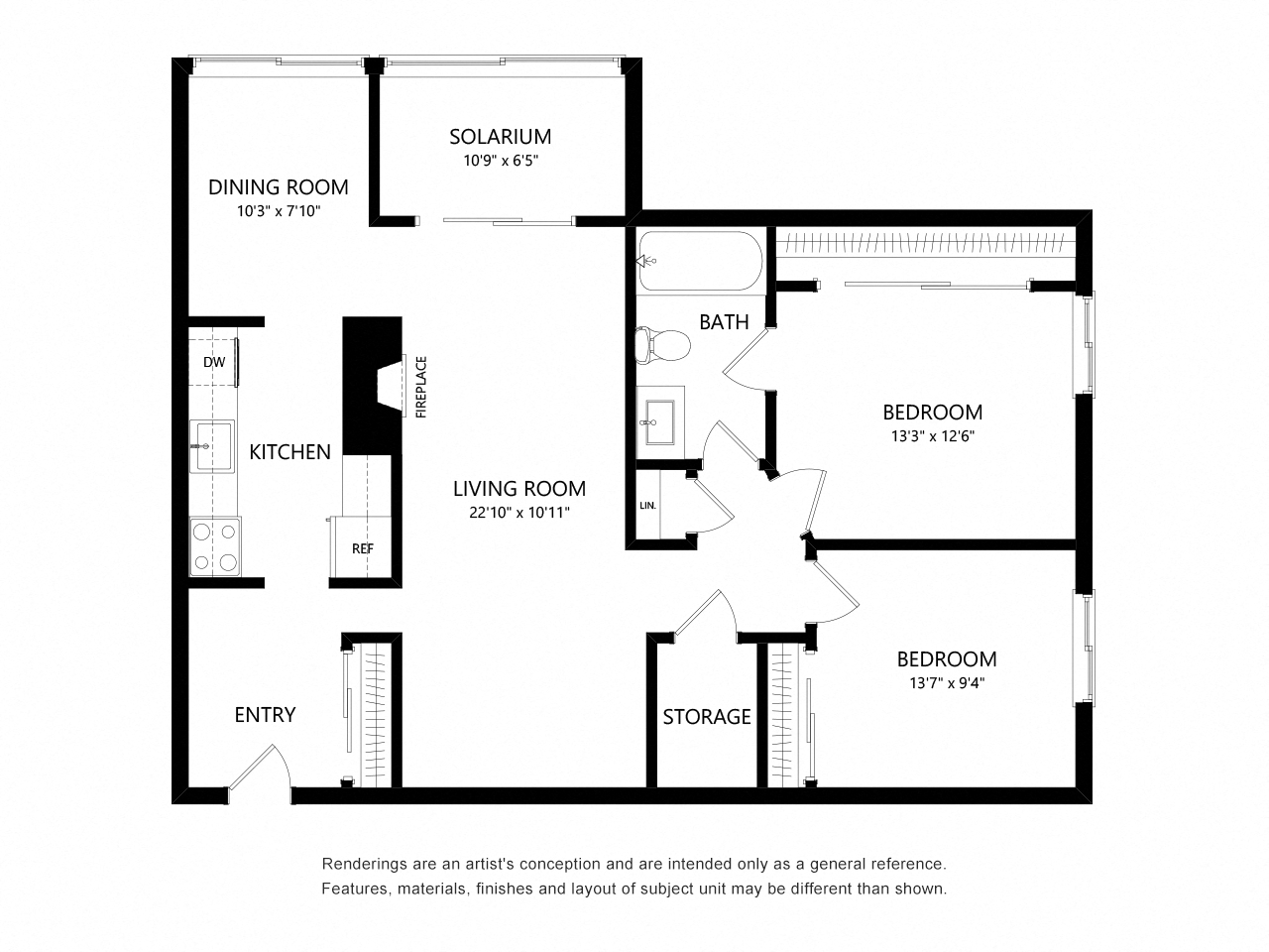 Floor plan for 2 beds, 1 bath, 1051 sqft